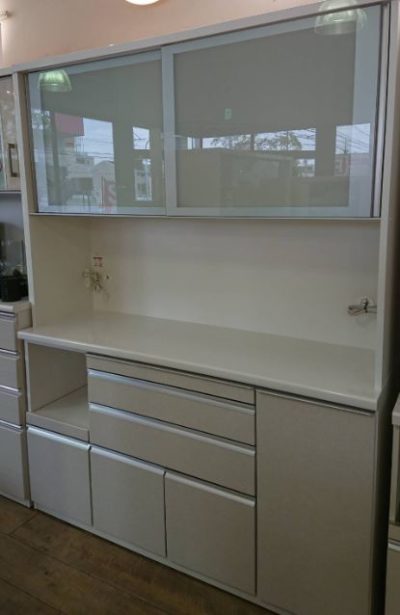 松田家具　レンジボード　食器棚　日本製　ホワイト　鏡面仕上げ
