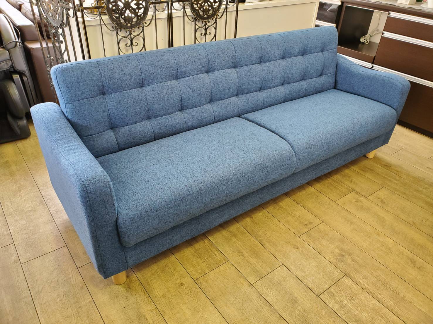 ☆新品 未使用品 展示品 ソファベッド 収納付 ブルー ファブリック 3  