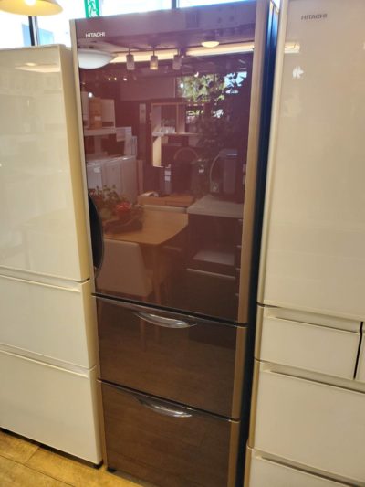 HITACHI　日立　375L　3ドア　冷蔵庫　2018年製　クリスタルブラウン　ガラストップ　真空チルド　自動製氷　右開き　高年式　ブラウン　オシャレ　かっこいい　真ん中野菜室