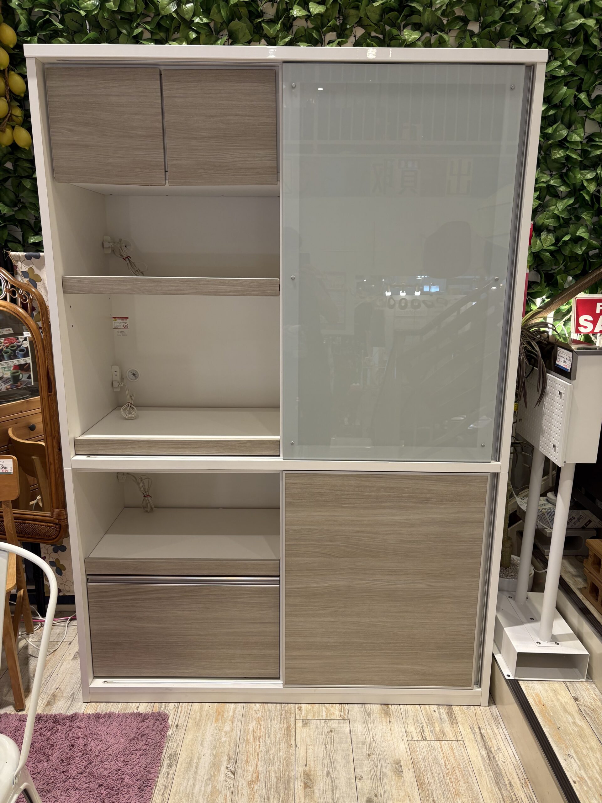 中古品】 松田家具 スライドレンジボード 木目調 ホワイトフレーム