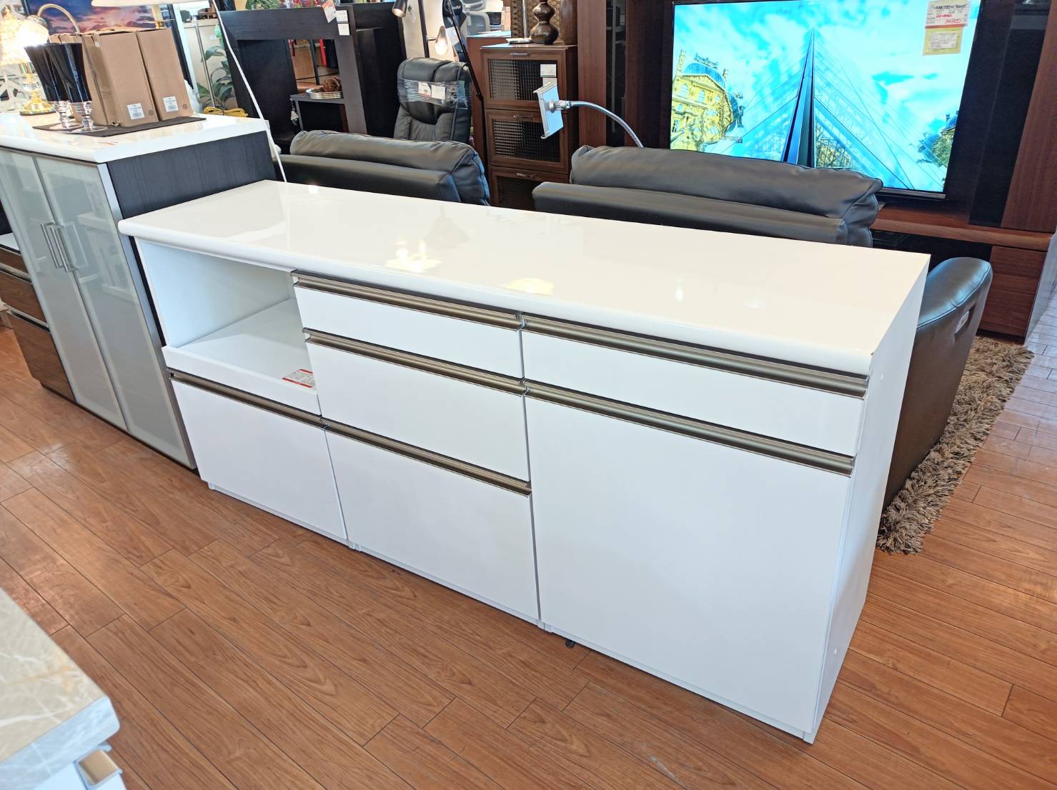 【未使用】ホワイトキッチンカウンター 軒先渡し】萩原 伸縮キッチンカウンター 幅735×奥行400×高さ