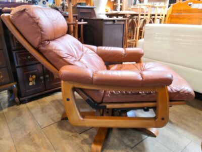 富士ファニチア FUJI FANITURE 本革 回転チェア オットマン付き ブラウン 木製 リクライニングチェア 6