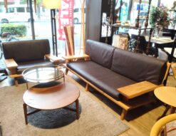 楠木 古彩シリーズ ワイドクッション 本革 ダークブラウン ニレ無垢材 オイル塗装 1シーター 3シーターソファ