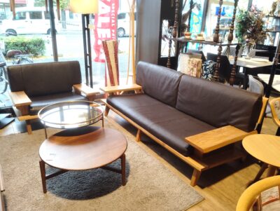 楠木 古彩シリーズ ワイドクッション 本革 ダークブラウン ニレ無垢材 オイル塗装 1シーター 3シーターソファ