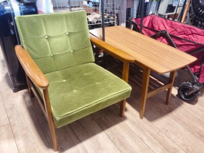 カリモク60 モダン 和モダン レトロ家具 モケットグリーン 1シーター Kチェア リビングテーブル 3