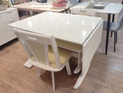 キッチンダイニング家具 ホワイト 収納付き ベンチ付き バタフライテーブル 回転チェア 鏡面天板 伸縮ダイニング4点セット 1