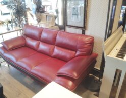 リビング家具 本革 一部合革 スチール脚 レッド ハイバック 3シーターソファ