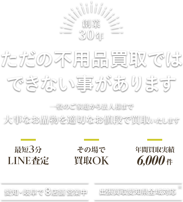 ただの不用品買取ではできない事があります。一般のご家庭から法人様まで、大事なお品物を適切なお値段で買取いたします